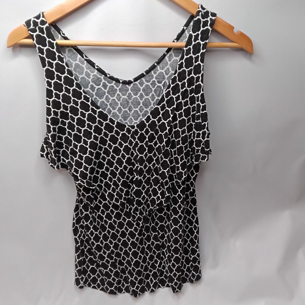 Merona Tank Top Size S Black White Quatrefoil Print Ruffled Sleeveless Blouse
